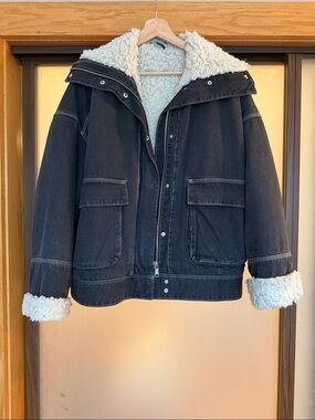 & Other Stories Funnel Neck Black Bomber Denim Jacket with Cream Sherpa Lining